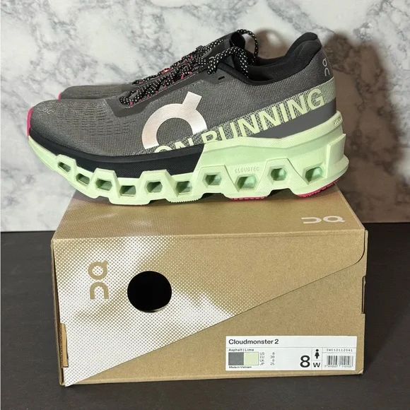 Women’s ON Cloudmonster 2 gray and mint green sneakers - Picture 1 of 5